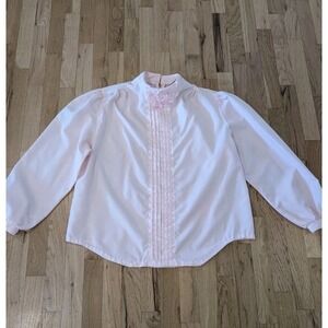 Vintage 80s Claudia Pink Tuxedo Blouse L / XL Pintuck Pleated High Neck Made USA